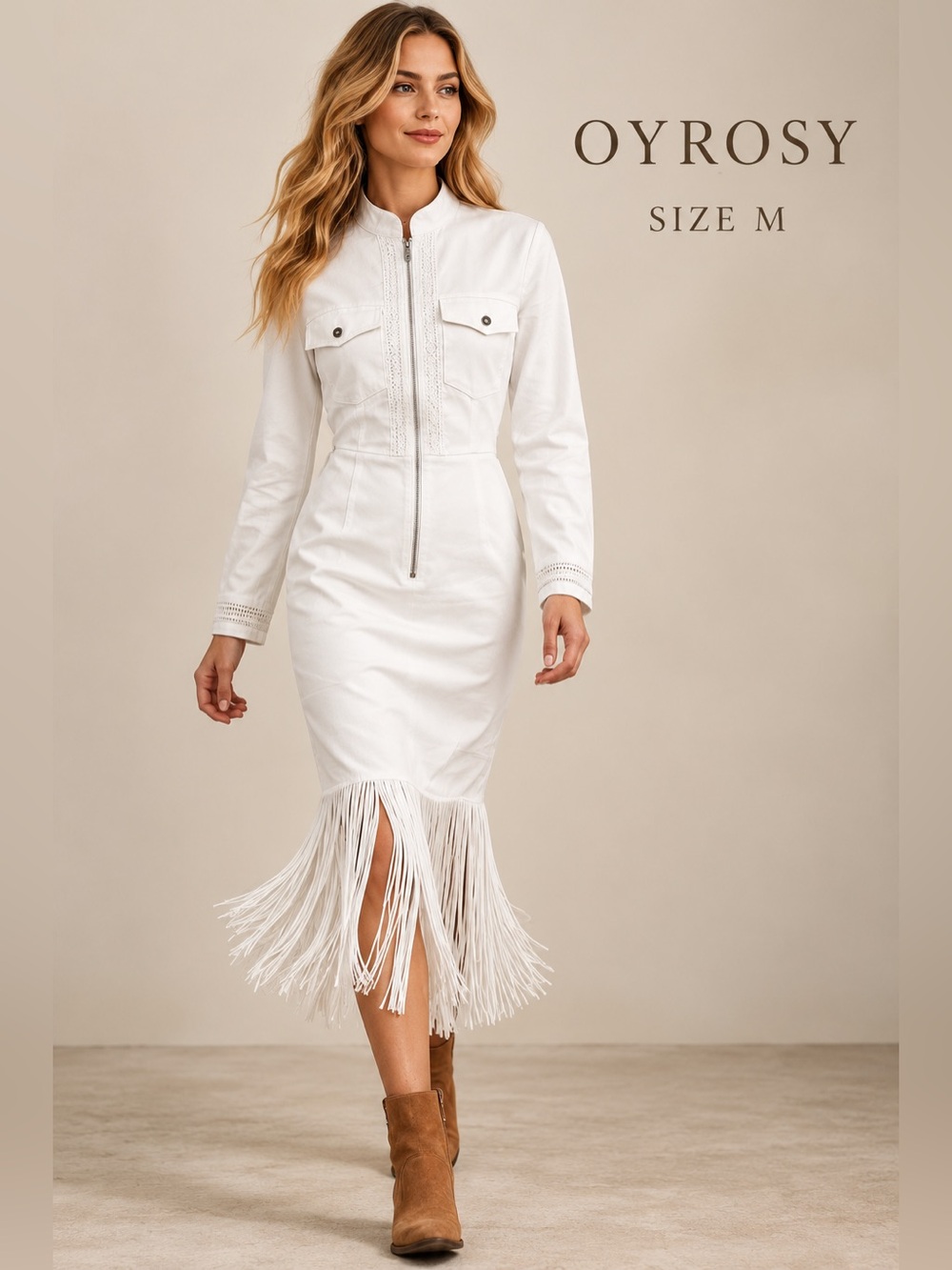 OYROSY White Fringe Utility Midi Dress Western Cowgirl Size M